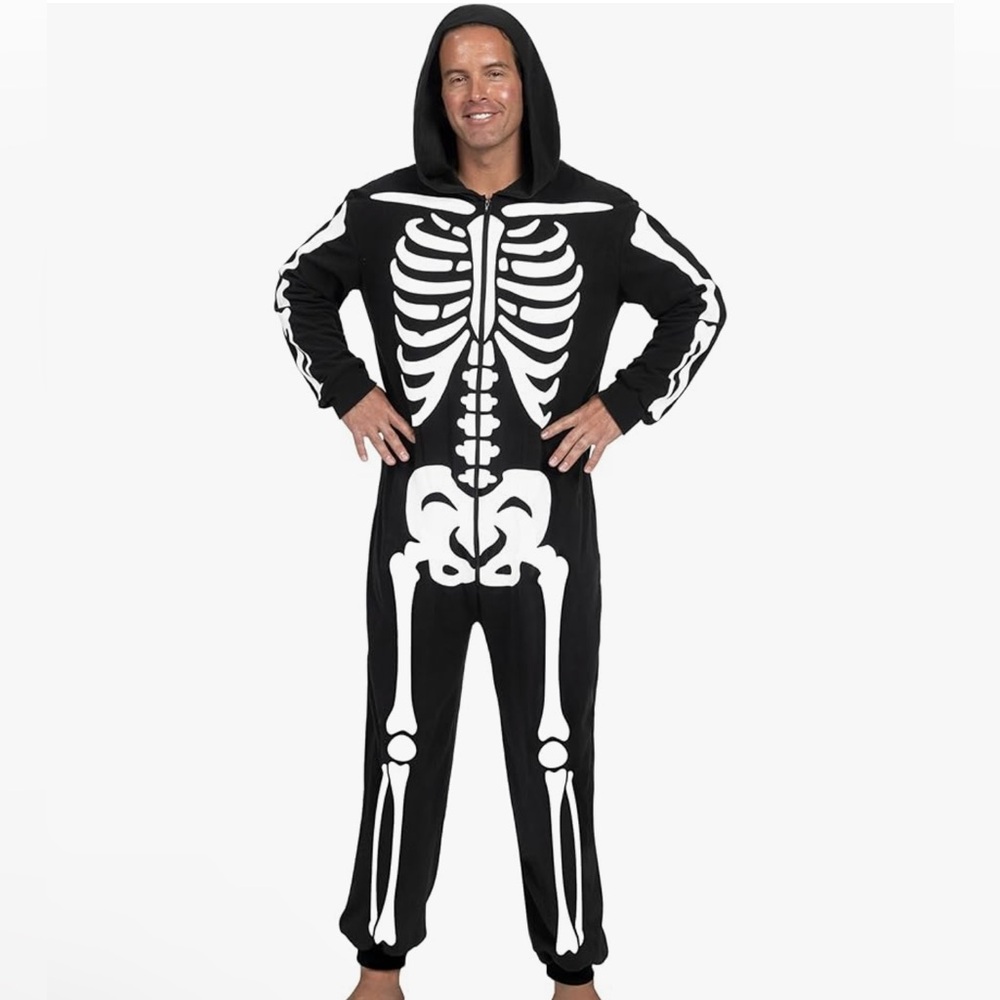 Men’s Black & White Skeleton Hooded Costume Onesie